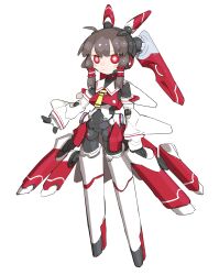 Rule 34 | 1girl, absurdres, antennae, ascot, brown hair, cheri zao, commentary request, detached sleeves, hair tubes, hakurei reimu, headgear, highres, joints, looking at viewer, mecha musume, mechanical arms, mechanical legs, mechanical parts, mechanization, medium hair, red eyes, sailor collar, solo, standing, thigh gap, thrusters, touhou, white background