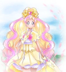 Rule 34 | 1girl, blonde hair, blue eyes, bow, brooch, choker, closed mouth, cowboy shot, cure flora, cure flora (grand princess), cure nico, dress, earrings, flower choker, flower earrings, glove bow, gloves, go! princess precure, gradient hair, hair ornament, haruno haruka, jewelry, long hair, looking at viewer, magical girl, multicolored hair, petticoat, pink bow, pink hair, precure, puffy sleeves, ribbon, shiny skin, smile, solo, standing, streaked hair, two-tone hair, white bow, white choker, white ribbon, yellow dress, yellow gloves