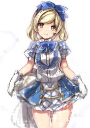Rule 34 | 10s, 1girl, alternate costume, blonde hair, blouse, blue bow, blue bowtie, blue ribbon, blue skirt, blush, bow, bowtie, breasts, commentary request, cowboy shot, djeeta (granblue fantasy), gloves, granblue fantasy, hair ornament, hair ribbon, head tilt, highres, kimi to boku no mirai, layered skirt, looking at viewer, puffy short sleeves, puffy sleeves, ribbon, shirt, short hair, short sleeves, simple background, skirt, skirt hold, smile, solo, sparkle, standing, swept bangs, takeshima eku, thigh gap, thighs, white background, white gloves, white skirt, yellow eyes