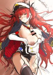 Rule 34 | 1girl, autofellatio, azur lane, bed, breasts, bulge, elbow gloves, erection, erection under clothes, fellatio, futanari, futanari masturbation, gloves, hat, highres, honolulu (azur lane), huge penis, indoors, large breasts, lips, long hair, looking at viewer, lying, masturbation, military, military hat, military uniform, nipples, on back, on bed, oral, penis, pillow, red eyes, red hair, shirt, smile, solo, testicles, twintails, uniform, veins, veiny penis, white shirt, zerogura