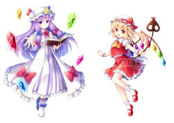 Rule 34 | 2girls, ascot, blonde hair, blue ribbon, book, bow, breasts, cannan, capelet, crescent, crescent hair ornament, crystal, dress, fang, flandre scarlet, frilled dress, frilled sleeves, frills, full body, hair bow, hair ornament, hair ribbon, hat, hat bow, hat ribbon, highres, laevatein, long hair, mary janes, medium breasts, mob cap, multiple girls, patchouli knowledge, puffy short sleeves, puffy sleeves, purple eyes, purple hair, red eyes, red ribbon, ribbon, sample watermark, shirt, shoes, short sleeves, side ponytail, skirt, skirt set, striped clothes, striped dress, touhou, tress ribbon, very long hair, watermark, white background, white shirt, wings, wrist cuffs
