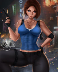 Rule 34 | 1girl, bare shoulders, blue eyes, breasts, brown hair, capcom, cleavage, gun, hand on own hip, hand up, handgun, jewelry, jill valentine, looking at viewer, medium breasts, necklace, night, parted lips, resident evil, resident evil 3, resident evil 3: nemesis, resident evil 3 (remake), short hair, solo, tank top, weapon