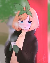 Rule 34 | 1girl, :d, black jacket, blue eyes, blurry, blurry background, blush, brown shirt, commentary request, cup, day, depth of field, disposable cup, eyebrows hidden by hair, go-toubun no hanayome, green mittens, green ribbon, hair ribbon, highres, holding, holding cup, jacket, kujou karasuma, looking at viewer, mittens, nakano yotsuba, open clothes, open jacket, open mouth, orange hair, outdoors, ribbon, shirt, signature, smile, solo, steam, torii, turtleneck, upper body