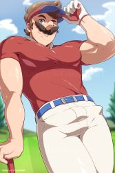 Rule 34 | 1boy, alternate pectoral size, bara, belt, blue belt, blue eyes, blush, brown hair, bulge, cloud, cloudy sky, day, eddlayer, facial hair, feet out of frame, from below, highres, large pectorals, leaning to the side, looking at viewer, male focus, mario, mario (series), mario golf, mario golf: super rush, muscular, muscular male, mustache, nintendo, one eye closed, overalls, pants, pectorals, red headwear, red shirt, shiny skin, shirt, short hair, sideburns, sky, smile, solo, standing, sunlight, thick thighs, thighs, tight clothes, tight pants, tight shirt, white pants