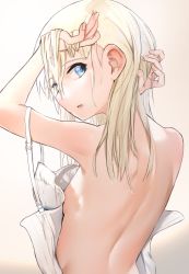 Rule 34 | 1girl, arms up, back, back focus, bare back, bare shoulders, blonde hair, blue eyes, blush, from behind, hair between eyes, hand in own hair, highres, kabayaki namazu, kantai collection, long hair, looking at viewer, looking back, open mouth, simple background, solo, spaghetti strap, u-511 (kancolle), undressing, upper body, white background