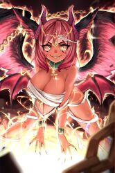 Rule 34 | 1girl, arm bands, armband, aura, bandages, bare shoulders, breasts, chain, cleavage, detached collar, dragon girl, dragon horns, egyptian, evil grin, evil smile, eye of horus, eye tattoo, fangs, feathered wings, feathers, female focus, fingernails, functionally nude, gold, gold chain, gold trim, grin, harpy, highres, horns, indie virtual youtuber, large breasts, light particles, light rays, monster girl, multiple wings, naked bandage, pink hair, sharp fingernails, smile, smirk, solo, solo focus, tattoo, teeth, trickywi, usekh collar, wings, yellow eyes