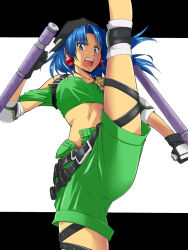 Rule 34 | 1girl, bandeau, belt, blue eyes, blue hair, dual wielding, earrings, holding, jewelry, kicking, letterboxed, long hair, maabou, matching hair/eyes, midriff, open mouth, shorts, solo, tonfa, toushinden, tracy (toushinden), weapon, white background