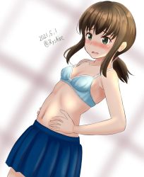 Rule 34 | 1girl, ame-san, black hair, blue bra, blue skirt, blush, bra, breasts, cleavage, commentary request, cowboy shot, dated, fubuki (kancolle), green eyes, hands on own hips, highres, kantai collection, long hair, low ponytail, nose blush, pleated skirt, ponytail, short ponytail, sidelocks, skirt, small breasts, solo, standing, twitter username, underwear