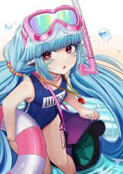 Rule 34 | android, b.d, barcode, blue hair, facial tattoo, flat chest, guardian tales, highres, holding, holding swim ring, innertube, little android aa72, long hair, looking at viewer, one-piece swimsuit, open mouth, pink eyes, school swimsuit, sleeveless, solo, striped innertube, swim ring, swimsuit, tattoo, twintails, water