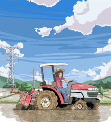 Rule 34 | 00s, 1girl, :d, amami haruka, brown hair, cloud, day, farm, gloves, green eyes, hair ribbon, hat, idolmaster, idolmaster (classic), kozou (rifa), mud, open mouth, power lines, ribbon, rice paddy, scenery, short hair, sky, sleeves rolled up, smile, solo, tractor, vehicle, yamaha