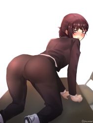 Rule 34 | 1girl, absurdres, all fours, artist name, ass, bent over, black eyes, black hair, black pants, blush, chainsaw man, chair, deccatezu, formal, hair ornament, hairclip, higashiyama kobeni, highres, long sleeves, looking at viewer, looking back, on table, pants, shoes, short hair, sneakers, solo, suit, table, white background