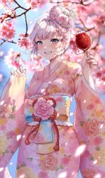 Rule 34 | 1girl, absurdres, ahoge, artist name, bad id, bad pixiv id, beige kimono, blue eyes, blurry, blurry background, blush, breasts, candy apple, cherry blossoms, commentary, dated, floral print, flower, food, hair flower, hair ornament, highres, holding, japanese clothes, kimono, long sleeves, looking at viewer, medium breasts, medium hair, multicolored clothes, multicolored kimono, nail polish, original, outdoors, pink flower, pink kimono, pink nails, smile, solo, tacco (tikeworld), teeth, white hair, wide sleeves