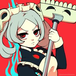Rule 34 | 1girl, absurdres, apron, bloody marie (skullgirls), brooch, frilled apron, frills, grey hair, hair ornament, highres, jewelry, joanna went bananas, maid headdress, red eyes, skull hair ornament, skullgirls, solo, twintails, upper body, vacuum cleaner