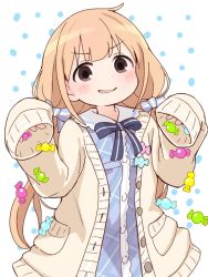 Rule 34 | 1girl, blonde hair, blue bow, blue dress, blush, bow, brown eyes, brown jacket, candy wrapper, collared dress, dress, futaba anzu, hair bow, hands up, idolmaster, idolmaster cinderella girls, jacket, long hair, long sleeves, low twintails, open clothes, open jacket, parted lips, plaid, plaid dress, sleeves past fingers, sleeves past wrists, smirk, solo, striped, striped bow, tadanoshi kabane, twintails, very long hair, white background