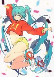 Rule 34 | 1girl, absurdly long hair, airborne, aqua eyes, aqua hair, arm behind head, arm up, ass, blurry, blurry foreground, blush, breasts, character name, confetti, cropped hoodie, denim, denim shorts, eyelashes, full body, groin, hair between eyes, hatsune miku, highres, hood, hood down, hoodie, long hair, looking at viewer, multicolored footwear, nachoz (nachozart), navel, open hand, orange hoodie, shoelaces, shoes, shorts, sleeves past elbows, small breasts, smile, sneakers, solo, stomach, teeth, twintails, twitter username, underboob, very long hair, vocaloid, white background, yellow shorts
