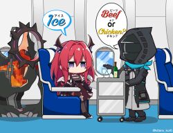 Rule 34 | 1girl, 1other, airplane interior, arknights, boots, bottle, cart, coffee or tea (meme), commentary request, cup, doctor (arknights), drinking glass, english text, hair intakes, hood, horns, jacket, jitome, kitara koichi, logo, long hair, mask, meme, red hair, scarf, sitting, surtr (arknights), travel attendant, twitter username, wine bottle, wine glass