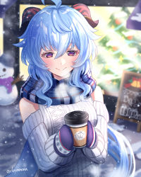 ahoge artist_name bare_shoulders blue_hair blush christmas cup curled_horns ganyu_(genshin_impact) genshin_impact gloves holding holding_cup horns long_hair nanamo_yado purple_eyes scarf sidelocks smile snow solo sweater