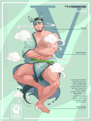 Rule 34 | 1boy, bara, bare pectorals, beard stubble, brown hair, chinese zodiac, crossed arms, dragon boy, dragon horns, dragon tail, facial hair, full body, green theme, headband, highres, horns, katto8452, large pectorals, male focus, mature male, monster boy, muscular, muscular male, navel, navel hair, original, pectorals, pelvic curtain, personification, short hair, sideways glance, smoke, solo, sparse leg hair, stomach, stubble, tail, thick chest hair, thick eyebrows, thick thighs, thighs