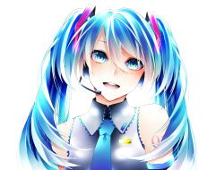 Rule 34 | 1055, 1girl, aqua eyes, aqua hair, aqua necktie, bare shoulders, detached sleeves, eyebrows, hair between eyes, hair ornament, hair over shoulder, hatsune miku, head tilt, headset, highres, logo, long hair, looking at viewer, necktie, nose, open mouth, smile, solo, tattoo, teeth, twintails, upper body, vocaloid, white background