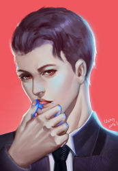 Rule 34 | 1boy, android, artist name, black hair, blood, blue blood, colored blood, connor (detroit), dated, detroit: become human, formal, highres, licking, licking finger, looking at viewer, male focus, necktie, red background, red eyes, solo, suit, upper body, yiqing (yohare)
