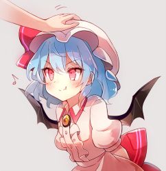 Rule 34 | 1girl, 60mai, arms behind back, bat wings, blue hair, blush, brooch, center frills, commentary, dress, eighth note, fang, fang out, frills, grey background, hair between eyes, hat, hat ribbon, head pat, headpat, jewelry, leaning forward, mob cap, musical note, pink dress, pink eyes, pink hat, puffy short sleeves, puffy sleeves, red ribbon, remilia scarlet, ribbon, short hair, short sleeves, simple background, smile, solo focus, touhou, upper body, v-shaped eyebrows, wing collar, wings