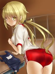 Rule 34 | 1girl, alternate costume, ankake hitokaji, ass, blonde hair, blue one-piece swimsuit, breasts, buruma, commentary request, cowboy shot, desk, from behind, gym shirt, gym uniform, highres, kantai collection, leaning forward, long hair, looking at viewer, looking back, one-piece swimsuit, red buruma, satsuki (kancolle), school desk, school swimsuit, shirt, small breasts, solo, swimsuit, t-shirt, twintails, white shirt, yellow eyes
