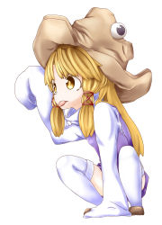 Rule 34 | 1girl, arm support, arm up, blonde hair, blouse, facing away, from side, hair ribbon, hands in opposite sleeves, hat, highres, long hair, moriya suwako, ribbon, satake tatsushiro, shirt, sidelocks, simple background, skirt, skirt set, solo, squatting, thighhighs, tongue, tongue out, touhou, white background, white shirt, white thighhighs, yellow eyes