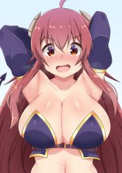Rule 34 | 1girl, ahoge, alternate breast size, arms behind head, arms up, blue background, blush, breasts, brown eyes, cleavage, collarbone, demon horns, demon tail, detached sleeves, fang, hair between eyes, highres, horns, long hair, looking at viewer, machikado mazoku, nose blush, open mouth, raised eyebrows, red hair, shiny skin, simple background, skin fang, skindentation, solo, steaming body, sura sura, sweat, tail, tongue, upper body, very long hair, yoshida yuuko (machikado mazoku)