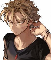 Rule 34 | 1boy, alternate costume, artist name, black shirt, blonde hair, boku no hero academia, bracelet, casual, check spoilers, closed mouth, collarbone, commentary, earrings, english commentary, facial hair, facial mark, hand in own hair, hawks (boku no hero academia), jewelry, kadeart, male focus, necklace, no wings, paid reward available, pendant, pinky ring, paid reward available, ring, scar, shirt, short hair, short sleeves, simple background, slit pupils, solo, spoilers, stubble, stud earrings, symbol-only commentary, t-shirt, white background, yellow eyes