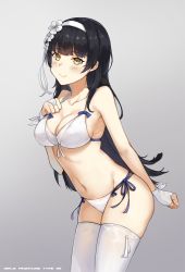 Rule 34 | 1girl, aliceblue, bad id, bad pixiv id, black hair, blue ribbon, blunt bangs, blush, bra, breasts, bridal gauntlets, brown eyes, cleavage, closed mouth, collarbone, cowboy shot, flower, girls&#039; frontline, gloves, grey background, hair flower, hair ornament, hairband, hand on own chest, highres, leaning forward, legs together, long hair, looking at viewer, medium breasts, official alternate costume, panties, revision, ribbon, side-tie panties, simple background, solo, standing, thighhighs, type 95 (girls&#039; frontline), type 95 (summer cicada) (girls&#039; frontline), underwear, very long hair, white bra, white gloves, white hairband, white panties, white thighhighs