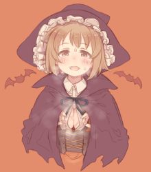 Rule 34 | 1girl, 7010, black cloak, blush, breasts, breath, brown eyes, brown hair, button gap, cleavage, cloak, commentary request, fangs, halloween, halloween costume, hat, idolmaster, idolmaster cinderella girls, looking at viewer, medium breasts, mimura kanako, open mouth, orange background, paizuri invitation, shirt, short hair, simple background, smile, solo, sweat, upper body, white shirt, witch hat