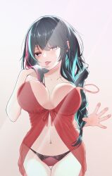 Rule 34 | 1girl, absurdres, against glass, aqua hair, babydoll, black hair, blush, braid, breast press, breasts, breasts on glass, collarbone, emma llama, hand on glass, highres, indie virtual youtuber, large breasts, leone (kamina0205), linea alba, multicolored hair, navel, panties, pink eyes, pink hair, red babydoll, red panties, second-party source, solo, strap slip, streaked hair, thigh gap, tongue, tongue out, twitter username, underwear, virtual youtuber