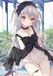 Rule 34 | 1girl, black dress, blush, breasts, collar, commentary, cup, dress, english commentary, flower, gloves, gothic lolita, grey hair, hairband, highres, jewelry, leg ribbon, lolita fashion, lolita hairband, long hair, looking at viewer, mary janes, necklace, original, picpicgram, red eyes, red footwear, ribbon, shoes, sitting, skirt, small breasts, socks, solo, teacup, thigh ribbon, thighs, two side up, water, wet, white gloves, white skirt