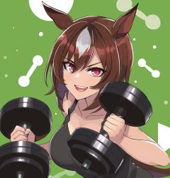 Rule 34 | 1girl, alternate costume, animal ears, bare shoulders, black shirt, brown hair, casual, collarbone, commentary request, dumbbell, highres, horse ears, horse girl, horse tail, kusanagi kaoru, looking at viewer, multicolored hair, open mouth, red eyes, shirt, short hair, sirius symboli (umamusume), sleeveless, smile, solo, tail, tank top, two-tone hair, umamusume, upper body, white hair