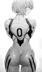 Rule 34 | 1girl, absurdres, ass, ayanami rei, bodysuit, bow, closed mouth, from behind, greyscale, hair bow, highres, interface headset, looking at viewer, looking back, monochrome, neon genesis evangelion, niwarhythm, plugsuit, short hair, simple background, skin tight, solo, white background