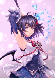 Rule 34 | 1girl, antenna hair, armpits, bare shoulders, blue butterfly, bug, butterfly, dress, grin, hair between eyes, hair ornament, highres, holding, holding weapon, honkai (series), honkai impact 3rd, insect, looking at viewer, pink background, purple eyes, purple hair, purple sleeves, scythe, seele vollerei, seele vollerei (swallowtail phantasm), shinachiku (uno0101), short hair, sleeveless, sleeveless dress, smile, solo, teeth, weapon
