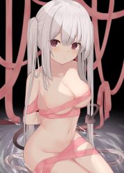 Rule 34 | 1girl, :/, arms behind back, black background, blurry, blurry background, blush, breasts, commentary, completely nude, demon tail, expressionless, feet out of frame, hair between eyes, highres, long hair, looking at viewer, medium breasts, memekko, naked ribbon, nude, original, partially submerged, pink ribbon, red eyes, ribbon, seiza, sidelocks, silver hair, sitting, solo, symbol-only commentary, tail, twintails, very long hair, water