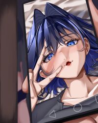 1girl absurdres black_footwear blue_eyes blue_hair breasts cellphone close-up collarbone highres holding holding_phone hololive hololive_english koizumi_arata large_breasts ouro_kronii phone short_hair smartphone solo v virtual_youtuber