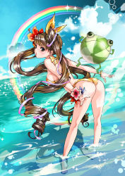 Rule 34 | 1girl, absurdres, ass, barefoot, bikini, bracelet, brown eyes, brown hair, chushengdao, cloud, day, flower, frog, from behind, hair flower, hair ornament, hibiscus, highres, jewelry, kaku-san-sei million arthur, long hair, looking back, md5 mismatch, million arthur (series), open mouth, rainbow, red flower, sky, solo, swimsuit, twintails, very long hair, wading, water