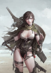 Rule 34 | 1girl, armband, bare hips, belt, bird, blue eyes, breasts, brooch, brown hair, buckle, cape, choker, cleavage, contrapposto, corset, cowboy shot, cross-laced clothes, day, desert, dongho kang, eagle, fantasy, gauntlets, groin, hairband, hand on hilt, highleg, highres, holding, holding strap, jewelry, large breasts, leather, lips, long hair, looking at viewer, messy hair, open mouth, original, outdoors, paper, parted lips, potion, realistic, scabbard, scroll, sheath, sheathed, shield, single gauntlet, skin tight, sky, sleeveless, solo, standing, strap, sword, thigh strap, thighhighs, torn cape, torn clothes, underbust, vial, weapon, wind, wrist cuffs