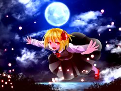 Rule 34 | 1girl, :d, ascot, black skirt, black vest, blonde hair, fireflies, flying, full body, full moon, hair ribbon, highres, lake, long sleeves, looking at viewer, mary janes, misty lake, moon, moonlight, night, night sky, open mouth, outdoors, outstretched arms, red eyes, red footwear, red ribbon, ribbon, rumia, sakizaki saki-p, shirt, shoes, short hair, skirt, skirt set, sky, smile, solo, spread arms, touhou, vest, white shirt