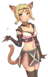 Rule 34 | 1girl, adventurer (ff11), animal ear fluff, animal ears, arm at side, black gloves, blonde hair, blowing kiss, breasts, brown tail, cactus41747280, cat ears, cat girl, cat tail, circlet, cleavage, elbow gloves, final fantasy, final fantasy xi, fingerless gloves, gloves, green eyes, hand up, heart, loincloth, medium breasts, mithra (ff11), navel, no eyebrows, no nose, o3o, parody, parted bangs, short hair, short twintails, simple background, solo, sousou no frieren, standing, tail, tail raised, twintails, white background