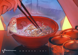 Rule 34 | 1boy, amoona, androgynous, artist name, chopsticks, food, in bowl, in container, in food, long hair, male focus, mini person, miniboy, nail polish, noodles, original, pink eyes, pink hair, sitting, solo, topless male, very long hair