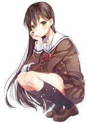 Rule 34 | 1girl, arms on knees, bad id, bad pixiv id, bang dream!, black hair, black socks, brown dress, brown footwear, buttons, commentary request, double-breasted, dress, full body, green eyes, hanasakigawa school uniform, hanazono tae, head rest, ito22oji, kneehighs, loafers, long hair, long sleeves, looking at viewer, neck ribbon, pleated dress, red ribbon, ribbon, sailor dress, school uniform, shoes, simple background, smile, socks, solo, squatting, very long hair, white background