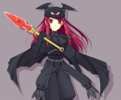 Rule 34 | 1girl, alternate color, alternate hair color, arc system works, black gloves, blazblue, blazblue: continuum shift, breasts, cape, gloves, hair tubes, hat, hoshi (ho4 no), long hair, red eyes, red hair, shirt, short sword, simple background, solo, sword, taut clothes, taut shirt, tsubaki yayoi, weapon, winged hat