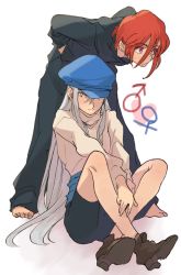 Rule 34 | 1boy, 1girl, barefoot, bent over, black eyes, black pants, black shirt, black shorts, blue hat, brown footwear, closed mouth, freckles, full body, genderswap, genderswap (ftm), genderswap (mtf), grey hair, hair between eyes, hands in pockets, hat, highres, hunter x hunter, ichihara yuuto, kite (chimera ant), kite (chimera ant) (hunter x hunter), kite (hunter x hunter), knees up, light frown, light smile, long hair, long sleeves, looking at viewer, looking away, mars symbol, one eye covered, own hands together, pants, purple eyes, red hair, sash, shade, shirt, shoes, shorts, sitting, sketch, smile, spoilers, standing, turtleneck, venus symbol, very long hair, white background, white shirt