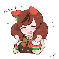 Rule 34 | 1girl, = =, animal ears, blush, bow, breasts, brown dress, brown hair, brown shirt, chibi, closed eyes, commentary request, cropped torso, diagonal stripes, dress, flying sweatdrops, green ribbon, hands up, holding, holding own hair, horse ears, juliet sleeves, kujou karasuma, long sleeves, medium breasts, multicolored hair, nice nature (umamusume), open mouth, puffy sleeves, ribbon, shirt, signature, simple background, sleeveless, sleeveless dress, solo, streaked hair, striped, striped bow, tears, translation request, twintails, umamusume, upper body, wavy mouth, white background