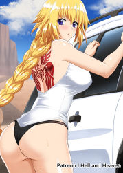 Rule 34 | 1girl, :o, ass, back, back tattoo, bare shoulders, black panties, blonde hair, blue eyes, blue sky, blush, braid, breasts, cactus, car, clenched hands, cloud, fate/apocrypha, fate/grand order, fate (series), hellandheaven, highres, jeanne d&#039;arc (fate), jeanne d&#039;arc (girl from orleans) (fate), jeanne d&#039;arc (ruler) (fate), large breasts, long braid, looking to the side, motor vehicle, open mouth, outdoors, panties, pout, shirt, sidelocks, single braid, sky, sleeveless, sleeveless shirt, standing, sweat, tattoo, thighs, underwear, white shirt