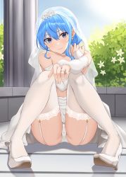 Rule 34 | 1girl, blue eyes, blue hair, blush, bridal gauntlets, bridal veil, bush, choker, closed mouth, clothes down, clothes pull, covering privates, covering breasts, crotch, dress, dress pull, earrings, flower, full body, garter straps, glint, hair bun, high heels, highres, hololive, hoshimachi suisei, jewelry, lace, lace-trimmed legwear, lace trim, looking at viewer, outdoors, panties, pantyshot, ring, sidelocks, sitting, skindentation, smile, solo, star (symbol), star earrings, star in eye, symbol in eye, terry (pixiv3274443), thighhighs, thighs, underwear, veil, virtual youtuber, wavy hair, wedding band, wedding dress, white choker, white dress, white flower, white footwear, white panties, white thighhighs, white veil