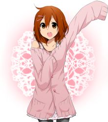 Rule 34 | 1girl, arm up, bad id, bad pixiv id, bare shoulders, black pantyhose, brown eyes, brown hair, buttons, cardigan, coat, cropped legs, dress, female focus, hair between eyes, hair ornament, hairclip, hirasawa yui, k-on!, long sleeves, naru (andante), open mouth, pantyhose, pink sweater, short hair, sleeves past wrists, solo, sweater, thigh gap